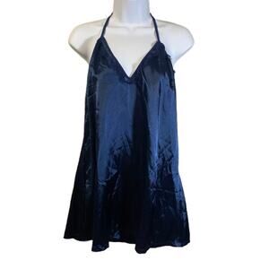 AvidLove NWT Navy Blue Satin & Lace T-Back Chemise Nightie Slip Dress Sz L